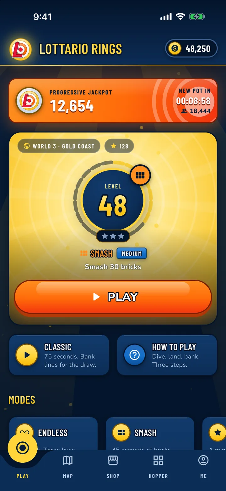 The Lottario Rings lobby with the jackpot and level 48